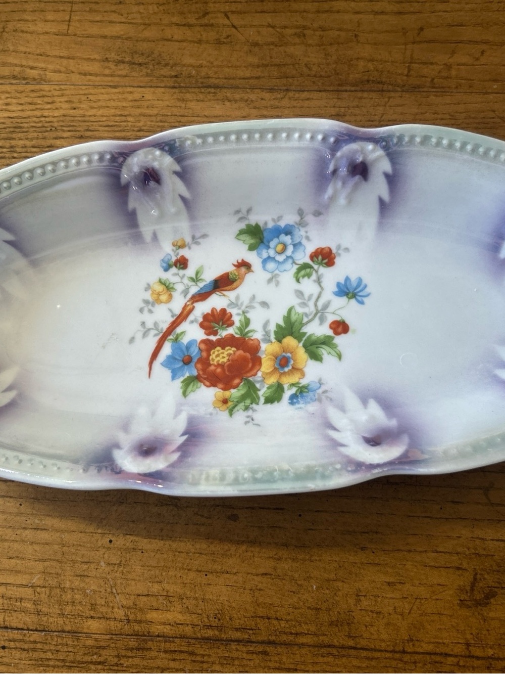 Lusterware Germany 11 5/8” Relish Dish Bird Of Paradise Floral Iridescent Purple